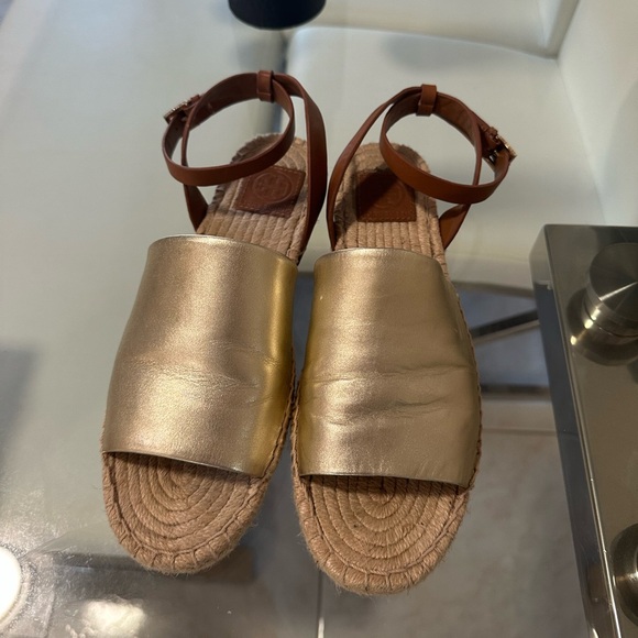 Tory Burch Landon Espadrille Sandals Genuine Leather Strappy Gold Brown 9.5 - Picture 1 of 3